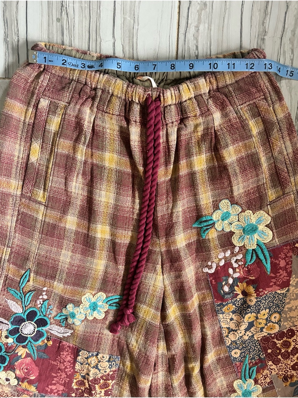 NWT Free People Brooks Embroidered Wide-Leg Patchwork Pants in Green Combo - Picture 11 of 16